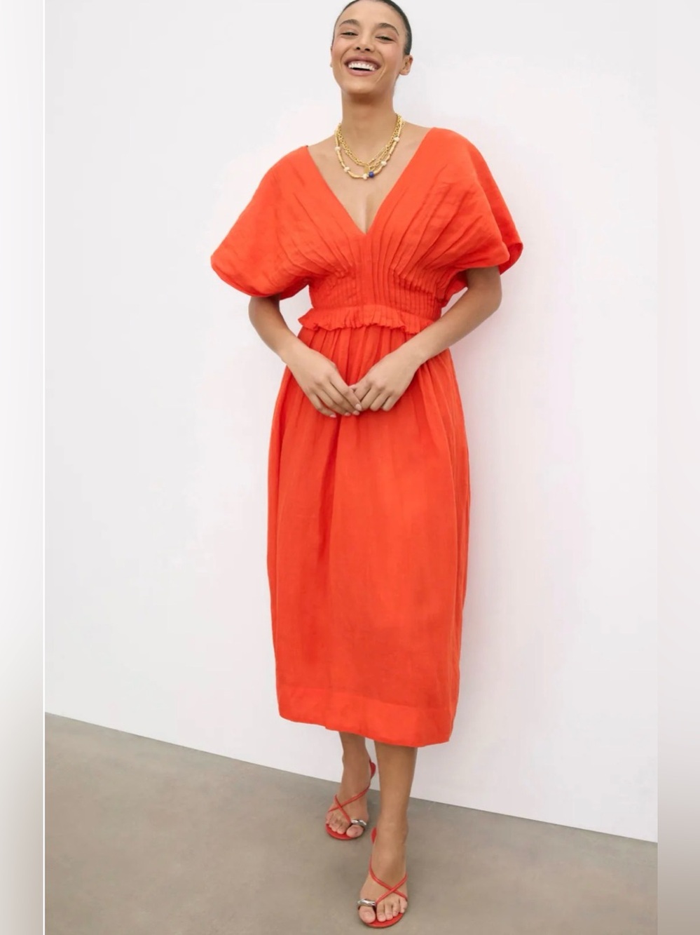 Sean New York Zora Dress V-Neck Pleated Midi Dress in Vibrant Orange